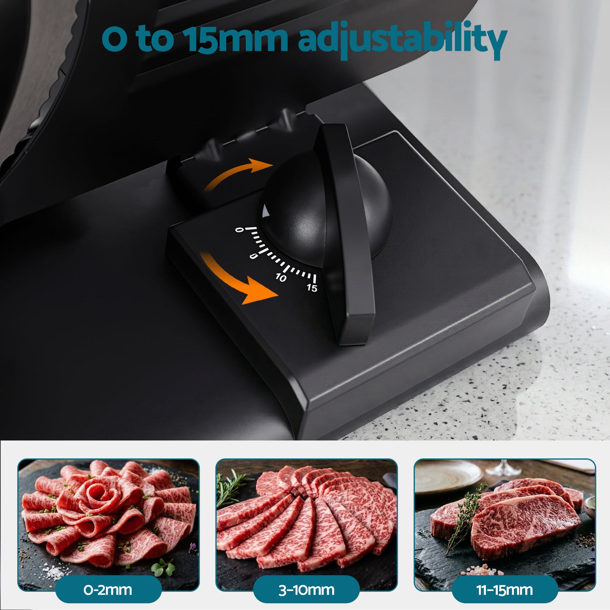 Meat slicer thickness adjustment dial with meat slice thickness examples from 0 to 15mm.