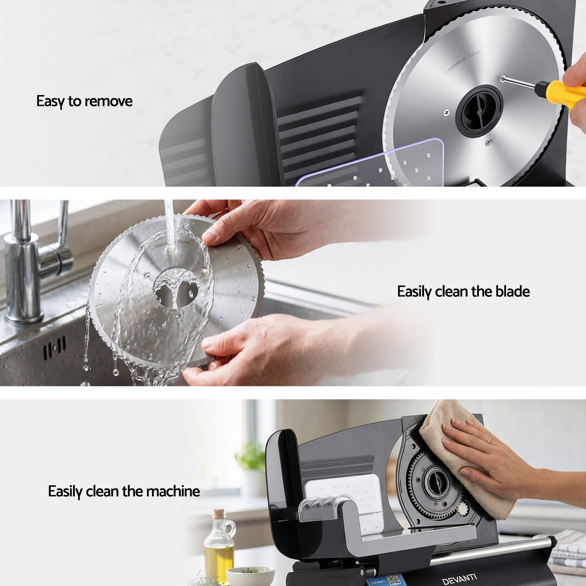 Stainless steel electric food slicer showing easy blade removal, washing, and cleaning