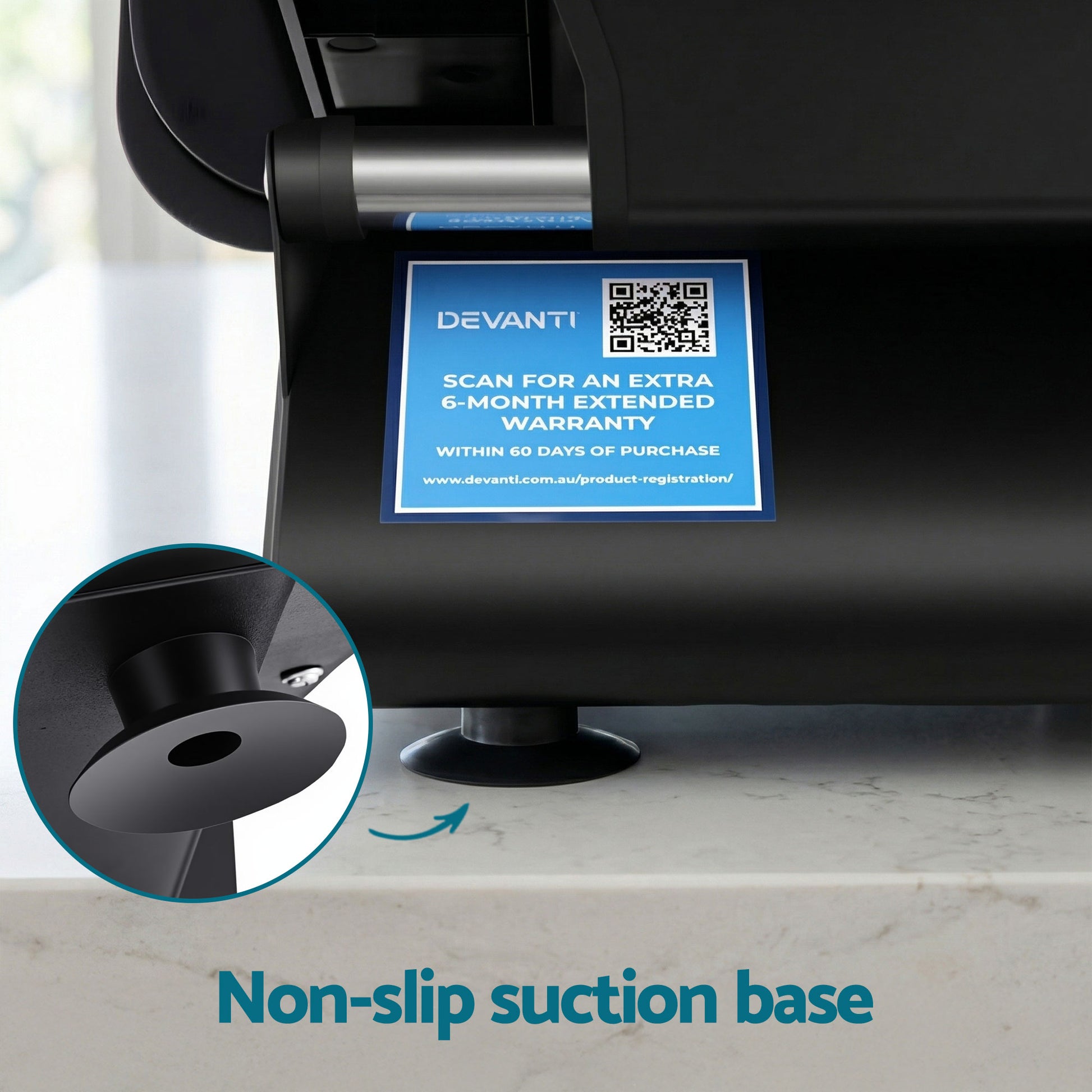Black appliance with non-slip suction base on countertop, Devanti warranty sticker visible