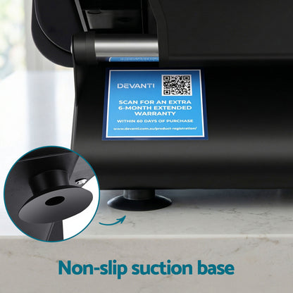 Black appliance with non-slip suction base on countertop, Devanti warranty sticker visible