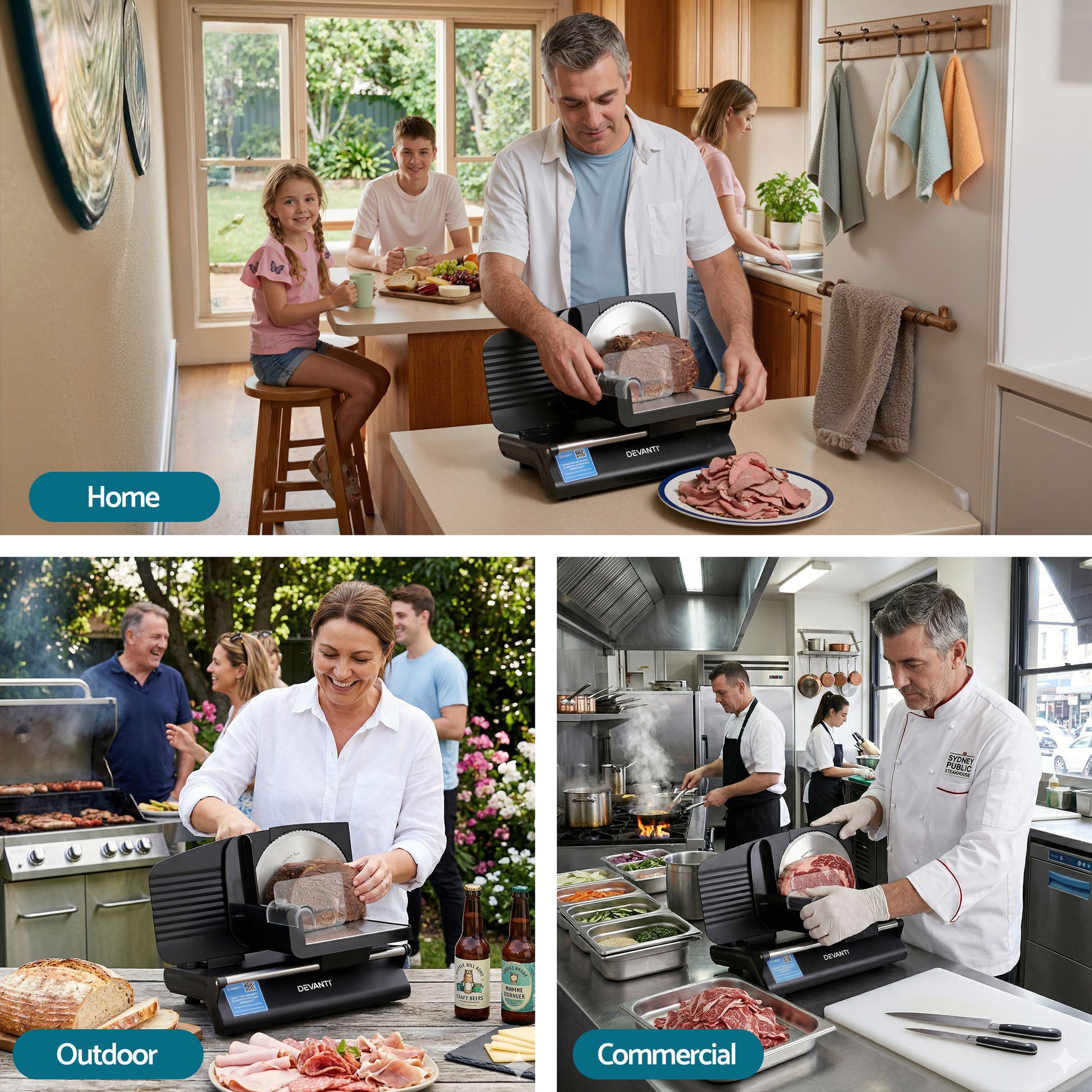 Electric meat slicer used at home, outdoors, and in a commercial kitchen setting