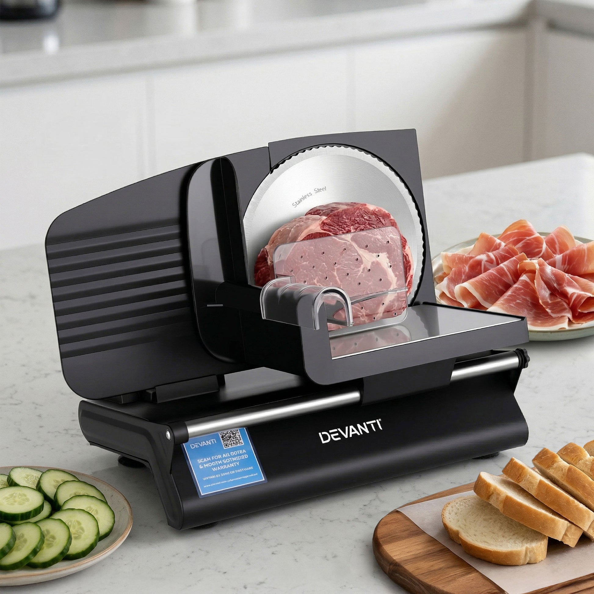 Electric meat slicer with stainless steel blade slicing meat, bread, and cucumber in kitchen.