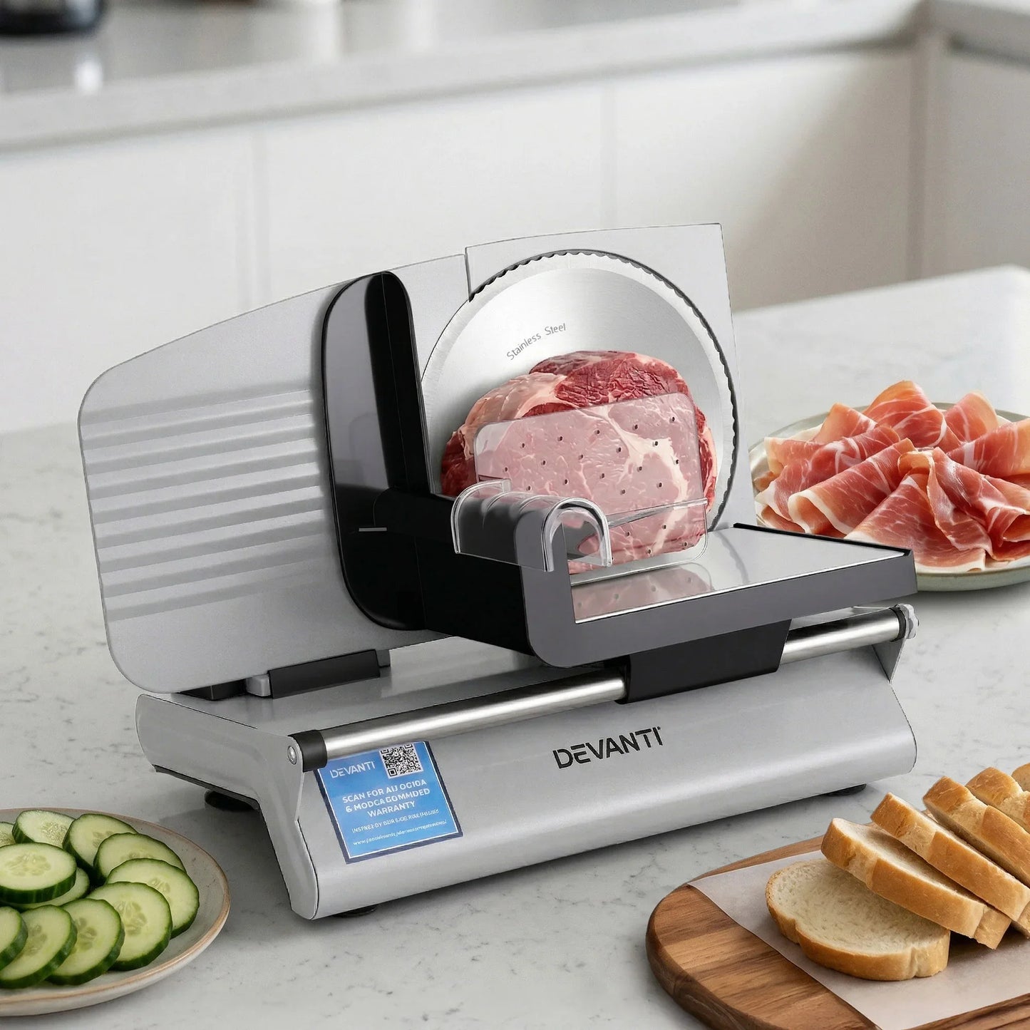 Electric meat slicer on kitchen counter with sliced bread, ham, and cucumbers