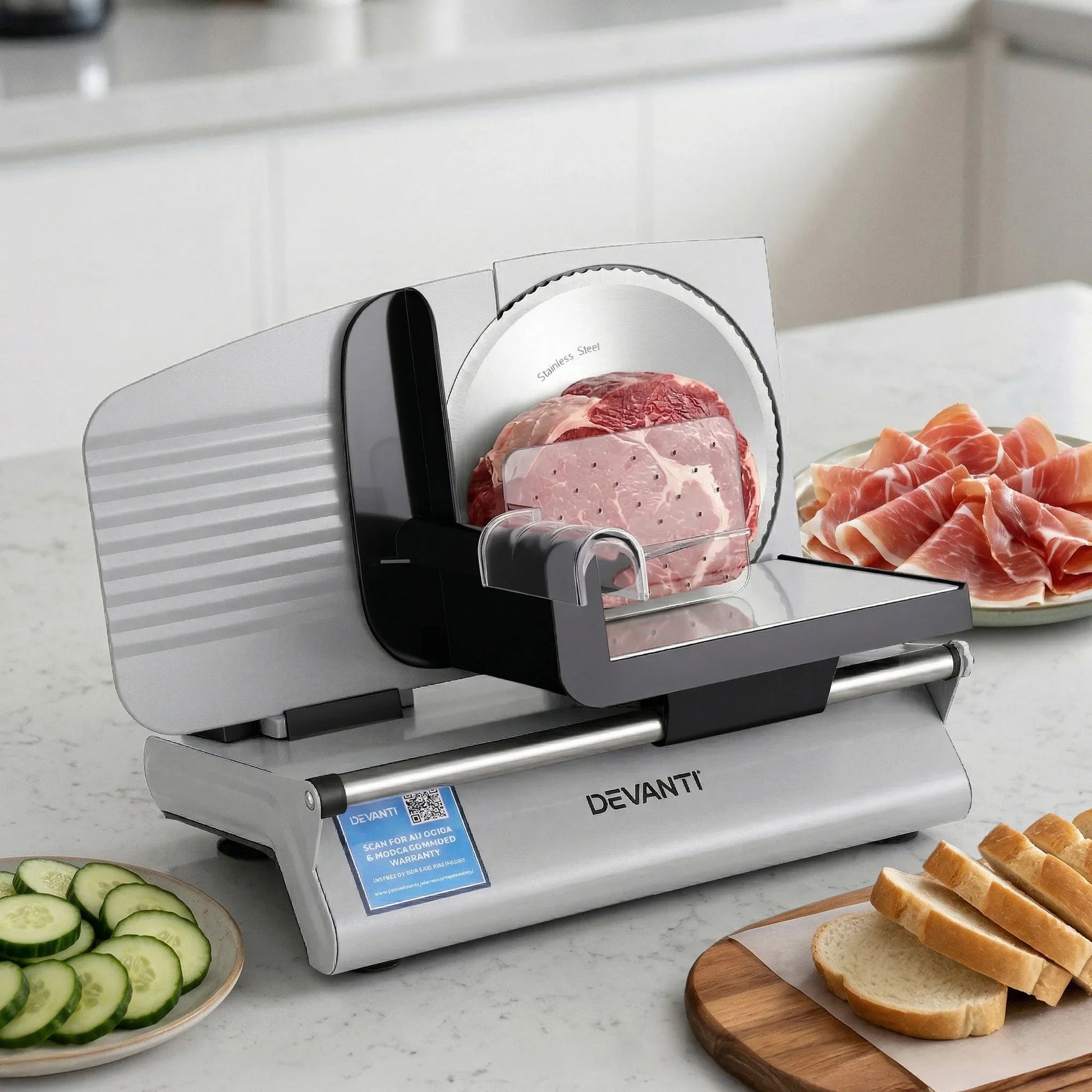 Electric meat slicer on kitchen counter with sliced bread, ham, and cucumbers