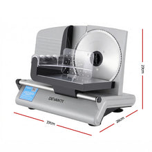 Stainless steel electric food slicer with safety guard, showing 37x27x26cm dimensions