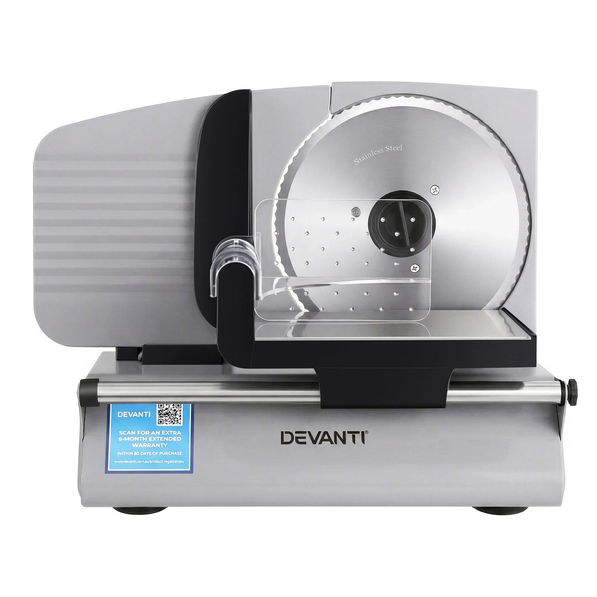 Electric stainless steel food slicer with safety guard and adjustable thickness dial