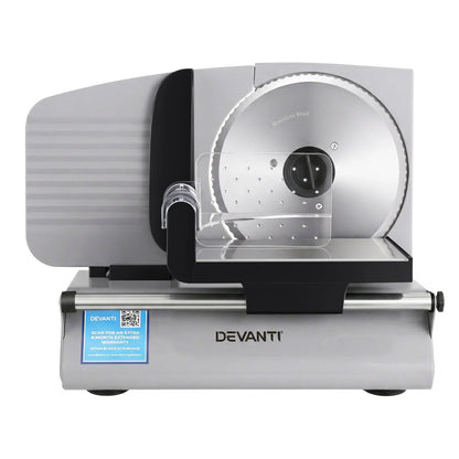 Electric stainless steel food slicer with safety guard and adjustable thickness dial