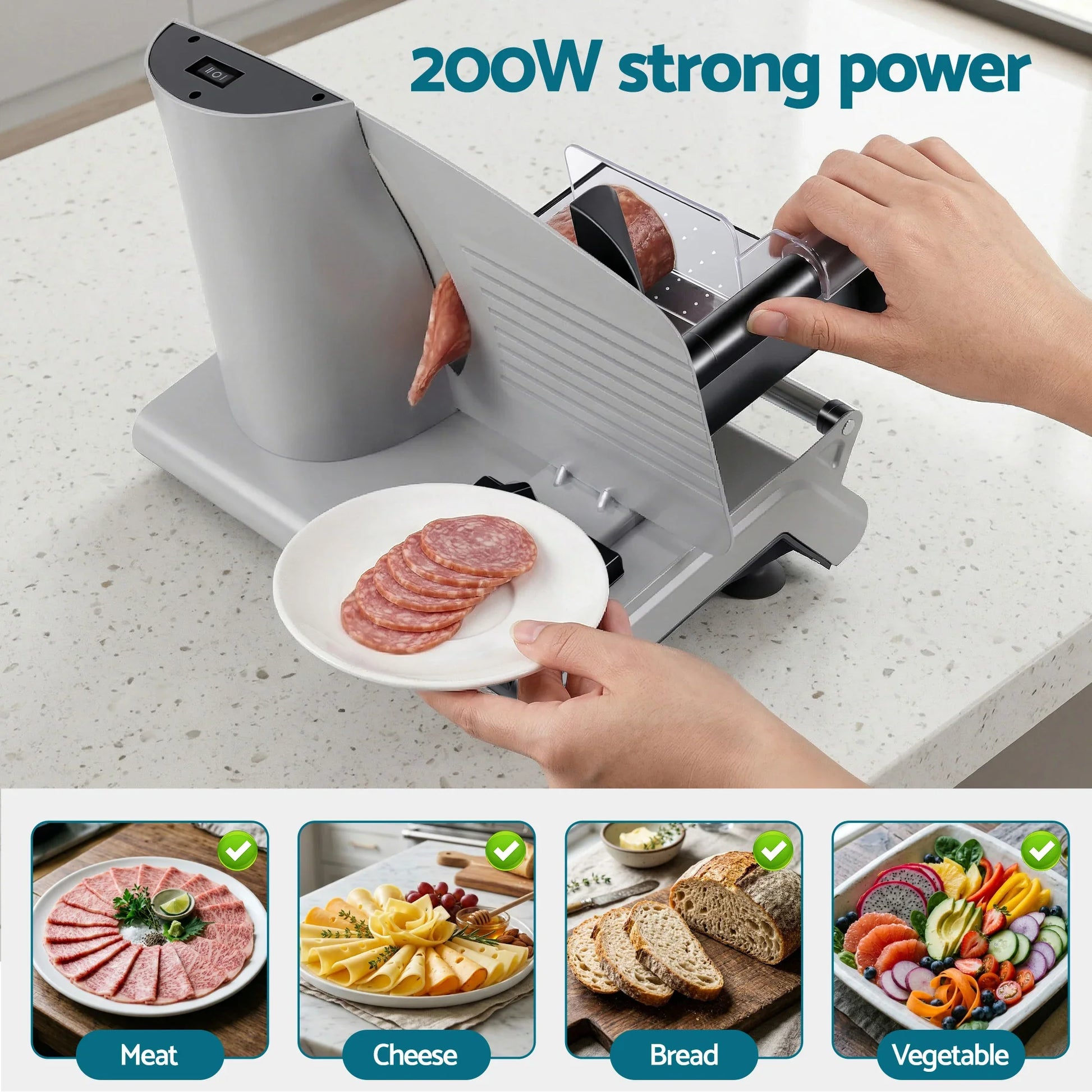 Electric food slicer cutting salami, suitable for meat, cheese, bread, and vegetables.