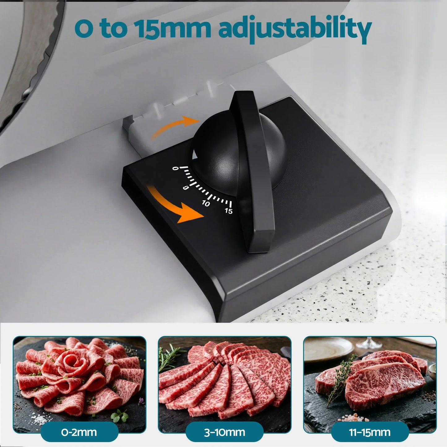 Meat slicer thickness adjustment dial with sliced meat samples from 0 to 15mm settings.