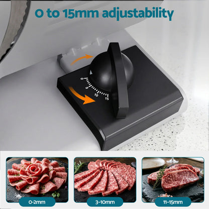 Meat slicer thickness adjustment dial with sliced meat samples from 0 to 15mm settings.