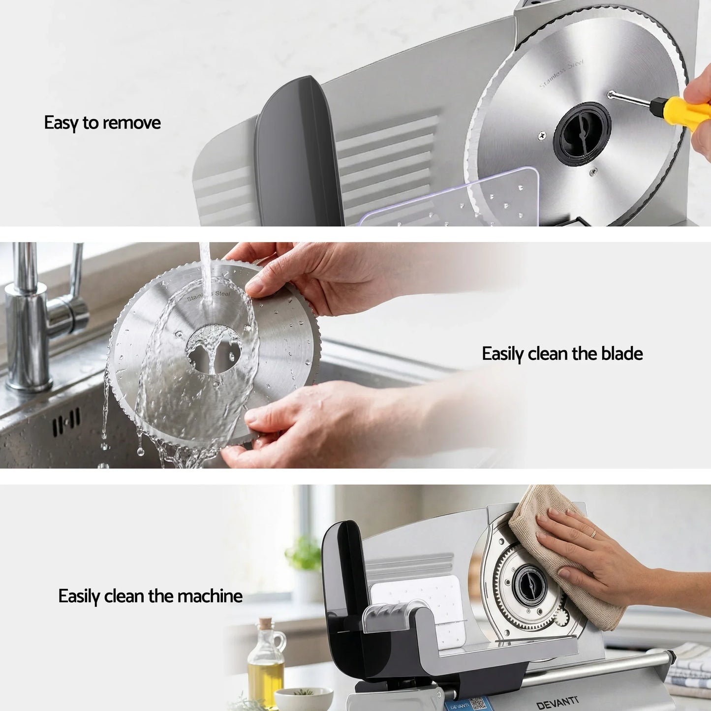 Electric food slicer with removable stainless steel blade being cleaned and wiped down.