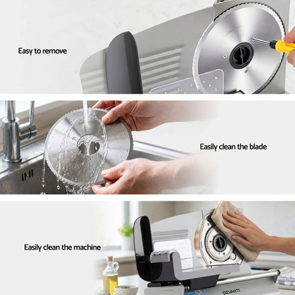 Electric food slicer with removable stainless steel blade being cleaned and wiped down.