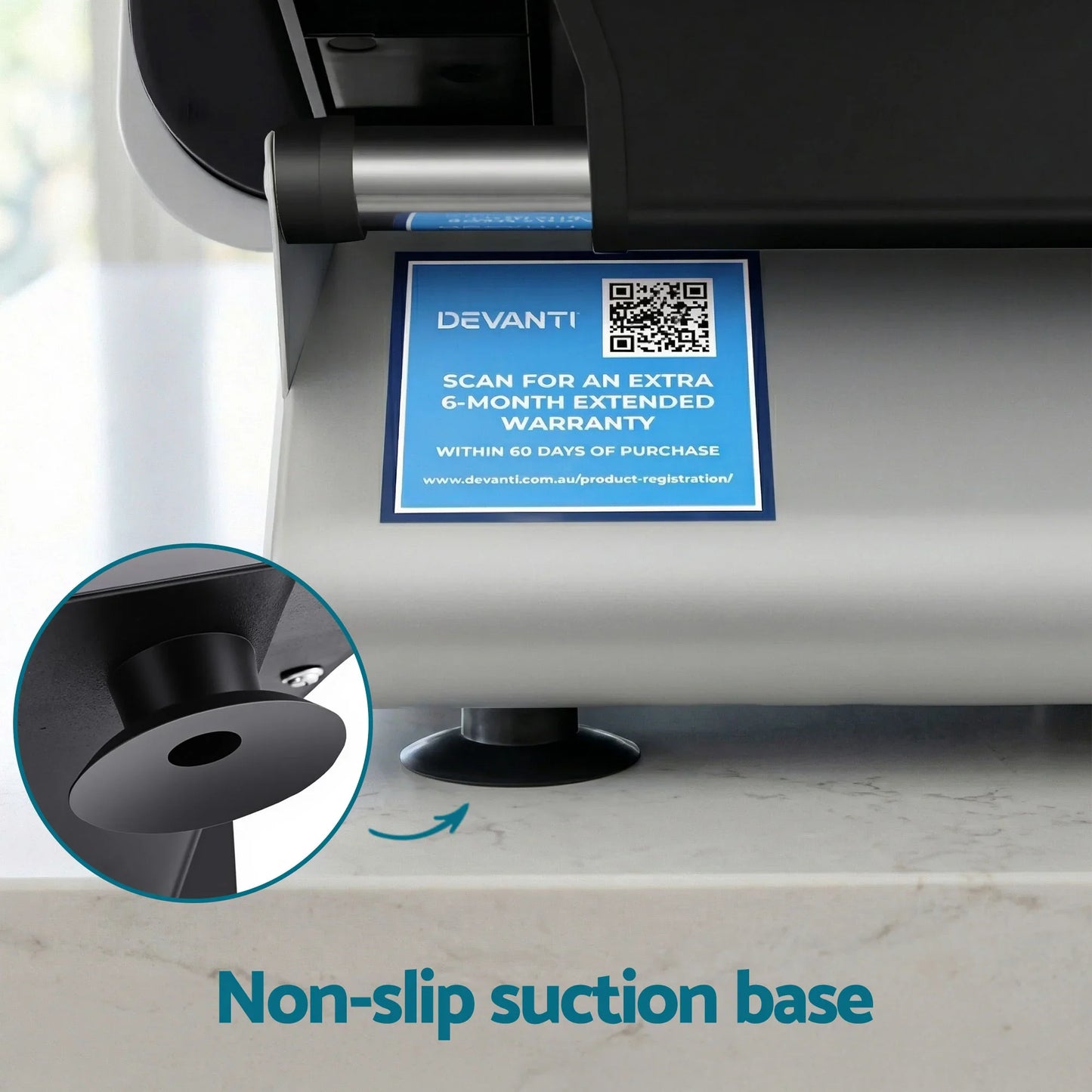Close-up of non-slip suction base on a countertop appliance with warranty label and QR code.