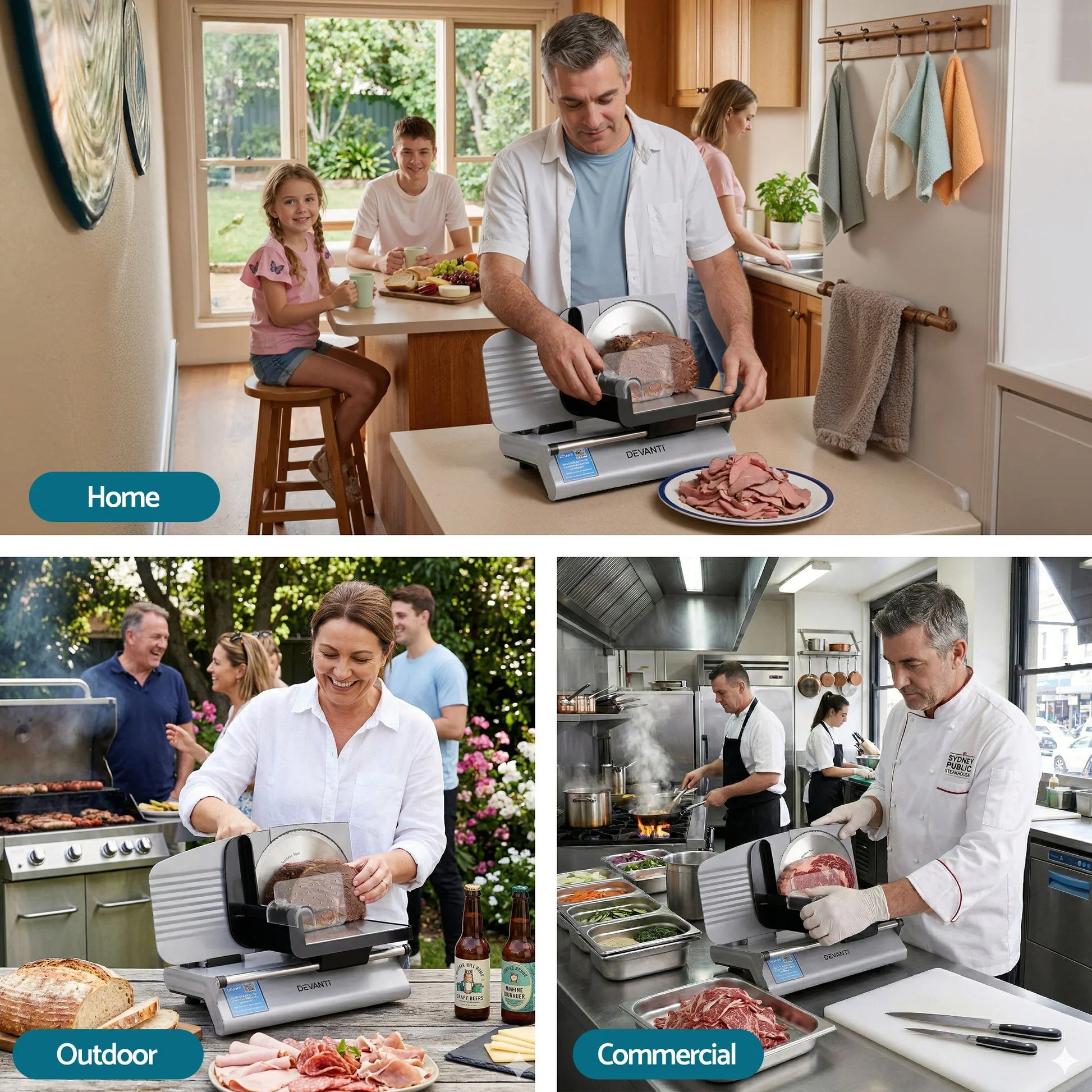 Electric meat slicer used in home kitchen, outdoor barbecue, and commercial kitchen settings
