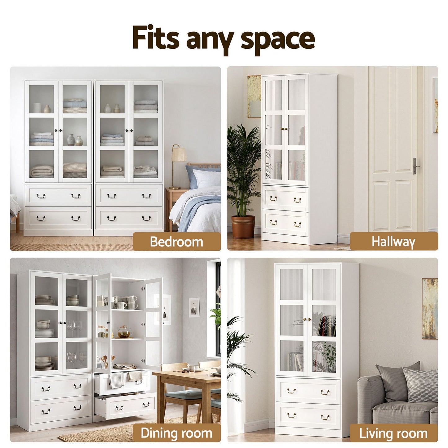 Artiss Buffet Sideboard Cabinet Set of 2 with Glass Doors 180cm White