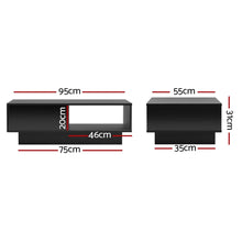 Modern black rectangular coffee table with open shelf, shown with dimensions in centimeters.