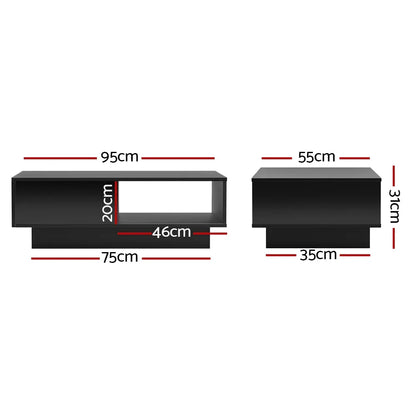 Modern black rectangular coffee table with open shelf, shown with dimensions in centimeters.
