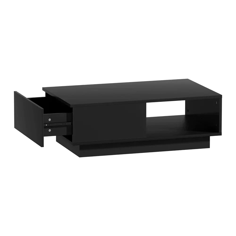 Modern black coffee table with open shelf and side drawer, minimalist living room furniture