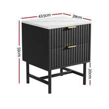 Black bedside table with gold handles, ribbed drawer fronts, marble top, and measurements shown.