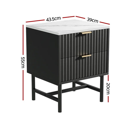 Black bedside table with gold handles, ribbed drawer fronts, marble top, and measurements shown.