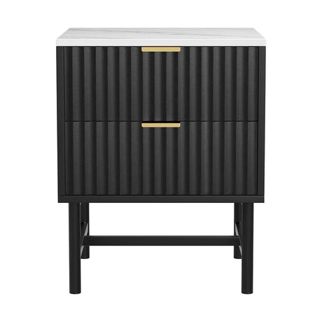 Modern black bedside table with gold handles and white marble top, two drawers, ribbed front design