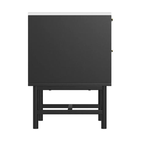 Black freestanding cabinet with white countertop and metal legs, front view