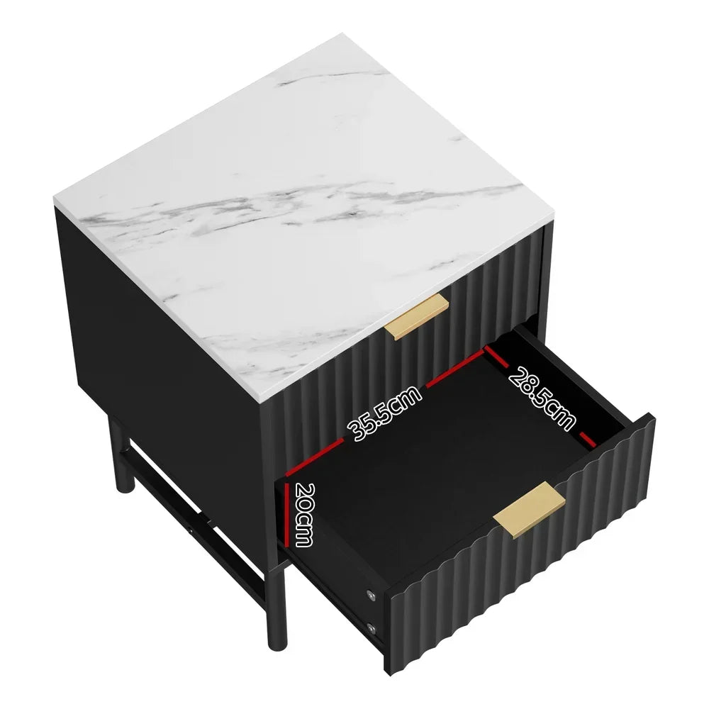 Modern bedside table with white marble top, gold handle, black ribbed drawer, and dimensions shown