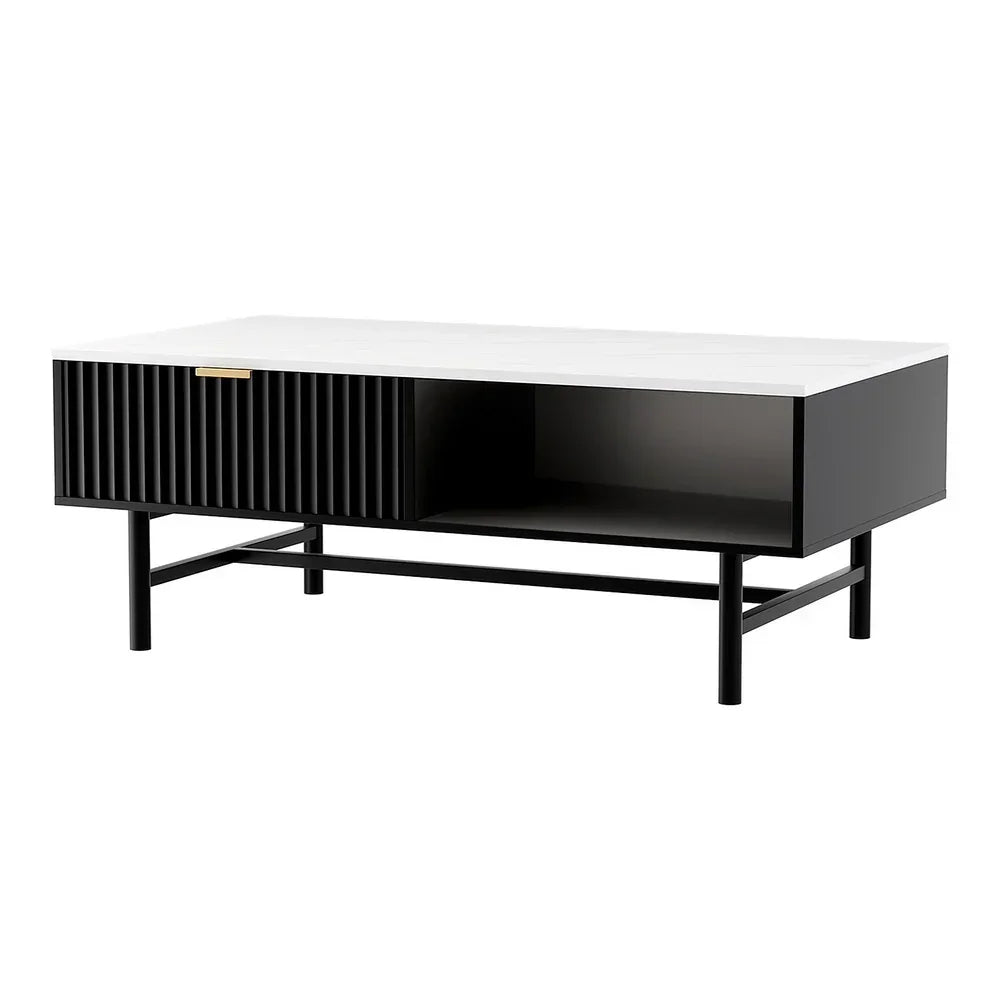 Modern black and white coffee table with storage drawer and open shelf on metal legs