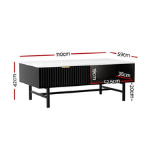 Modern black and white coffee table with storage, labeled dimensions 110cm x 59cm x 42cm