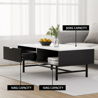 Modern black and white coffee table with storage drawers, open shelf, and 50kg capacity top.