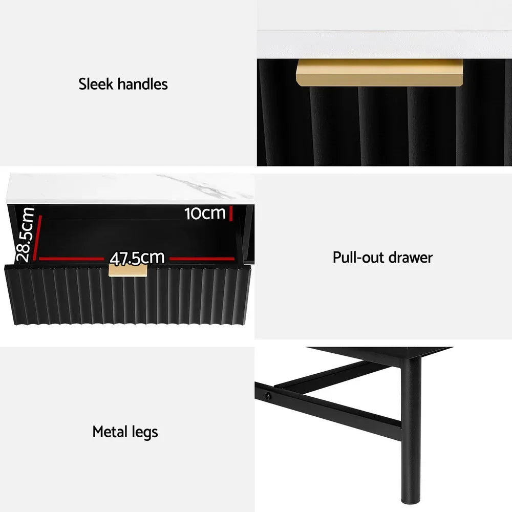 Black and white storage drawer with gold handle, metal legs, and pull-out design, measurements shown.