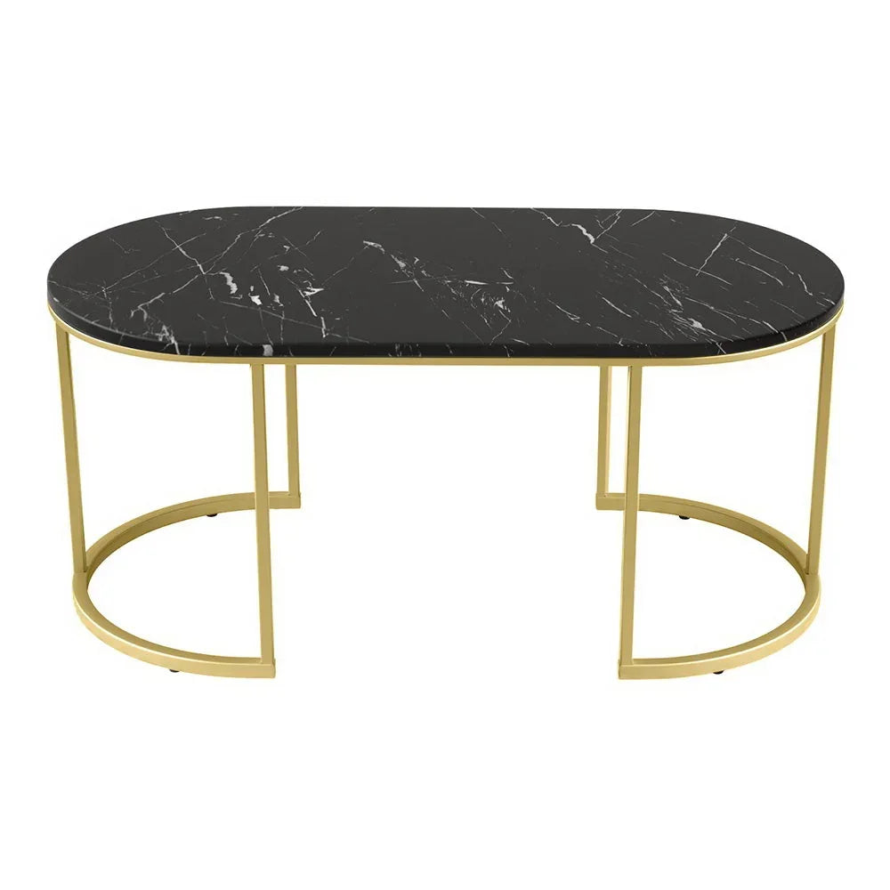Black marble oval coffee table with gold metal base, modern living room furniture