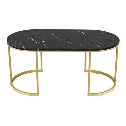 Black marble oval coffee table with gold metal base, modern living room furniture