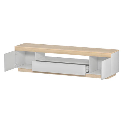 Modern TV unit with light wood top, white cabinet doors, drawers, and open shelf storage