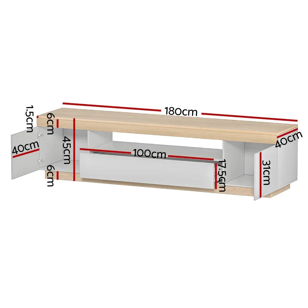 White and wood TV unit with open shelves and doors, 180cm wide, labeled dimensions