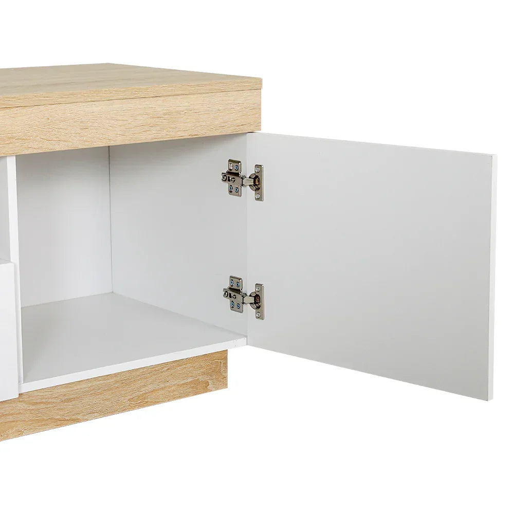 Modern wooden TV cabinet with white open storage door and metal hinges