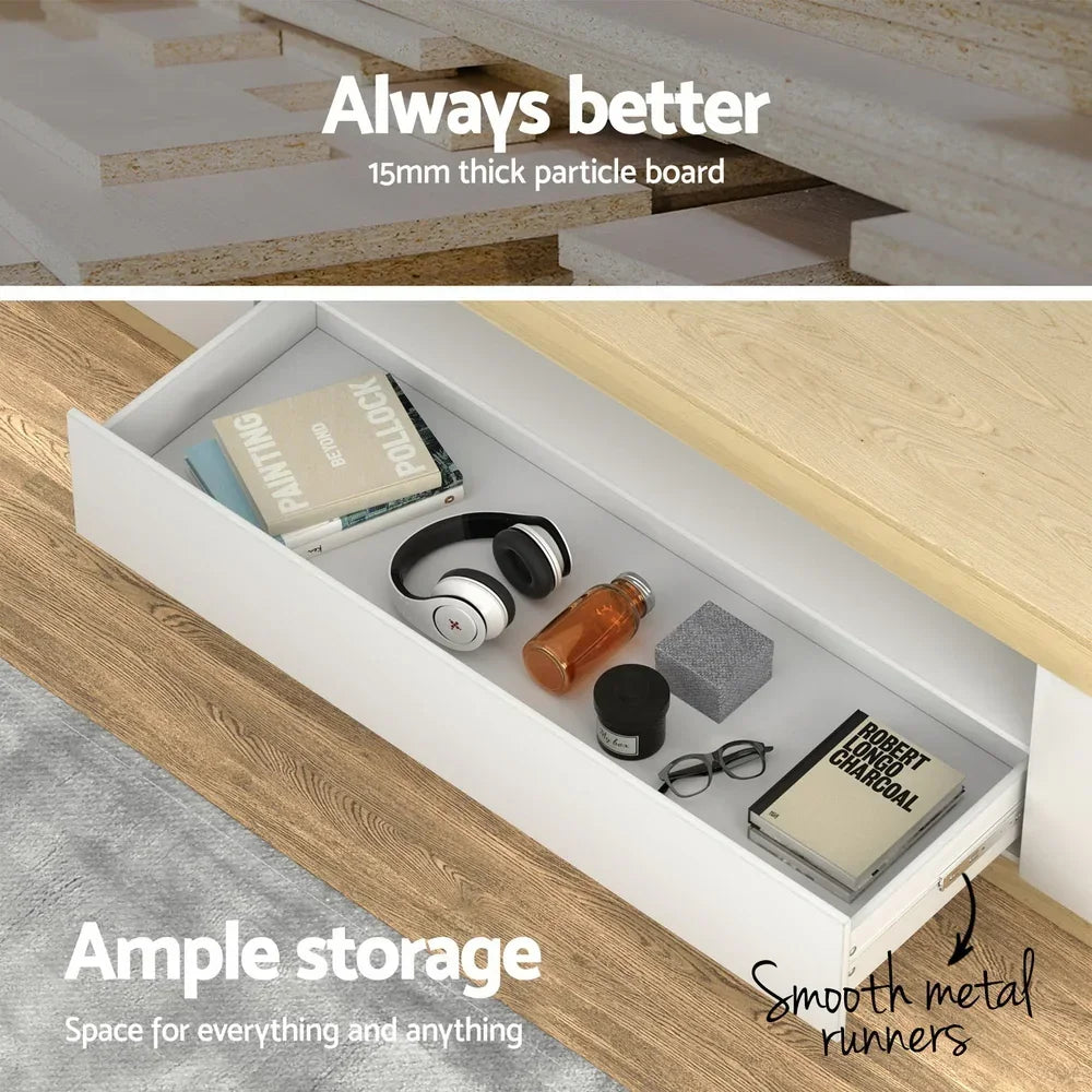 White drawer with ample storage, smooth metal runners, and 15mm thick particle board.