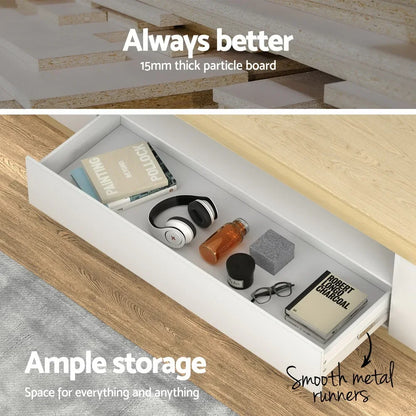 White drawer with ample storage, smooth metal runners, and 15mm thick particle board.