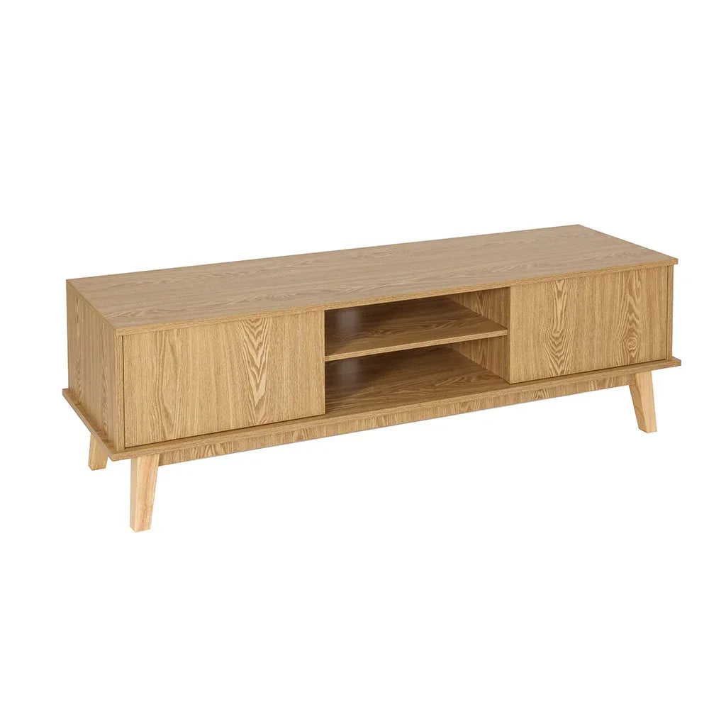Light oak wood TV unit with two sliding doors and open shelves, modern entertainment stand