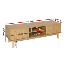 Modern wooden TV unit with measurements, open shelves and two closed cabinets, 140cm wide