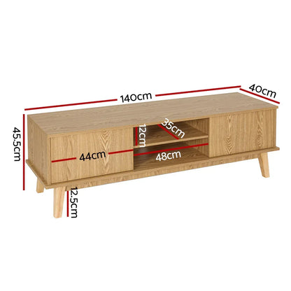 Modern wooden TV unit with measurements, open shelves and two closed cabinets, 140cm wide