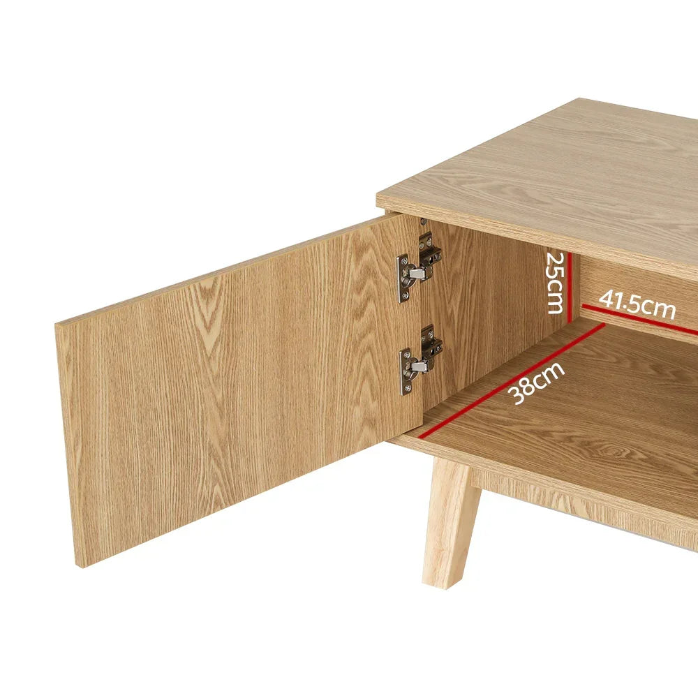 Light oak TV cabinet with open door, showing internal storage dimensions 25cm x 38cm x 41.5cm