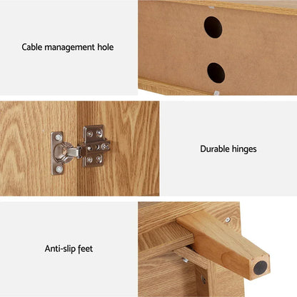 Close-up of wooden cabinet with cable management holes, durable metal hinges, and anti-slip feet.