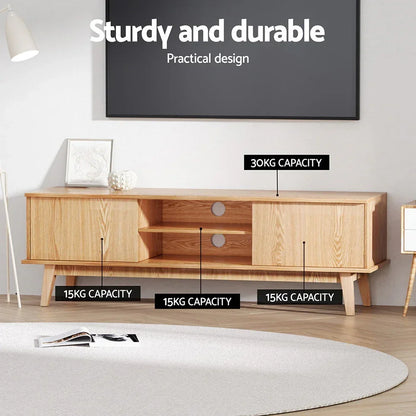 Modern wooden TV cabinet with shelving, sliding doors, multiple weight capacities, and mid-century design.