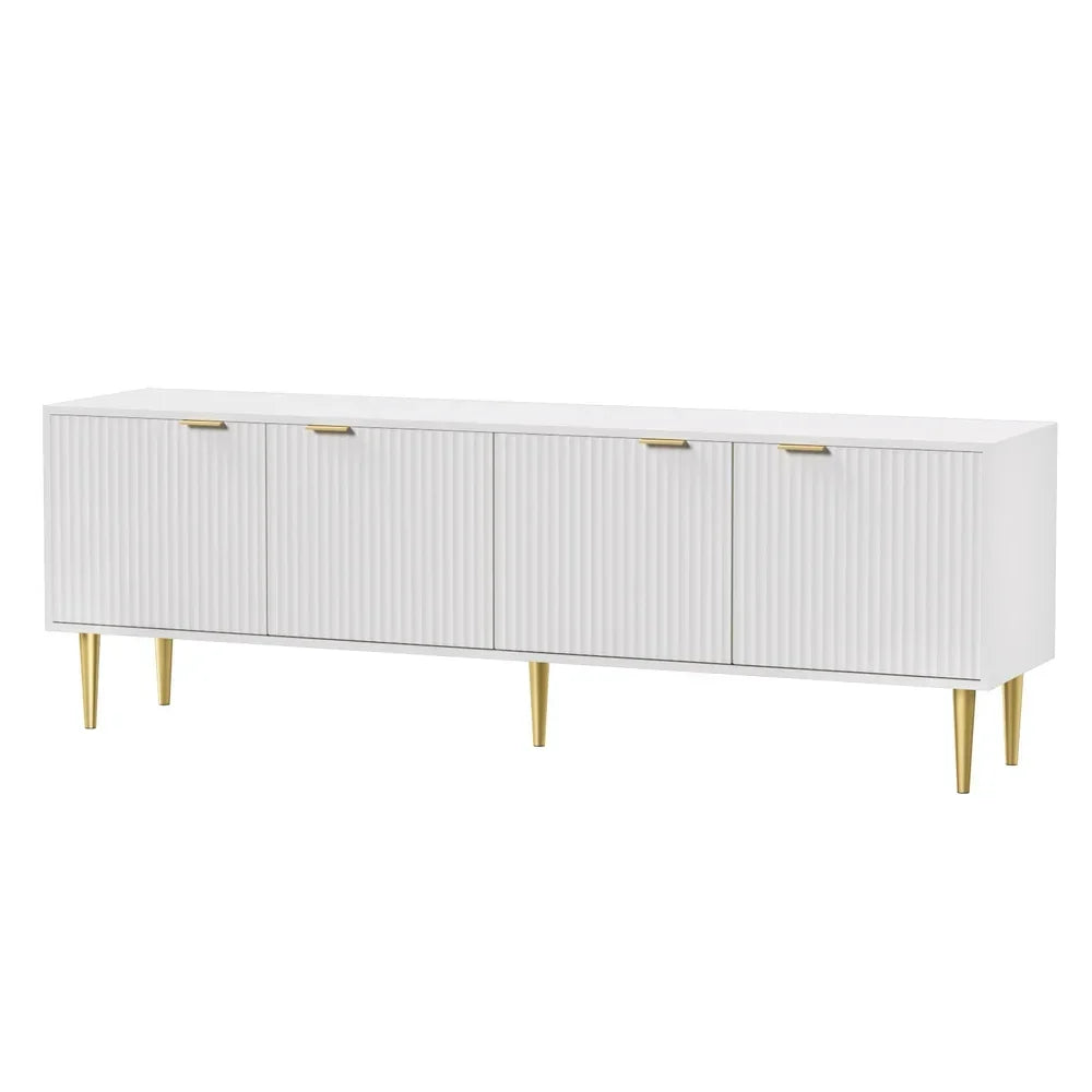 Modern white sideboard with gold legs and vertical grooved doors, contemporary storage cabinet