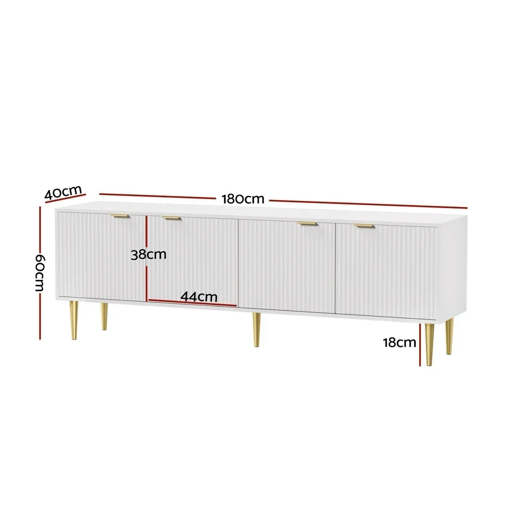 Modern white TV cabinet with gold legs, four doors, and labeled measurements in centimeters
