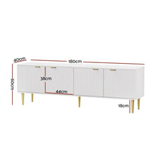 Modern white TV cabinet with gold legs, four doors, and labeled measurements in centimeters