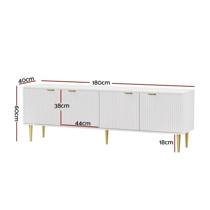 Modern white TV cabinet with gold legs, four doors, and labeled measurements in centimeters