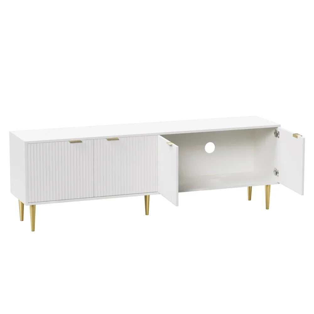 White modern TV cabinet with four doors, gold legs, and cable management hole