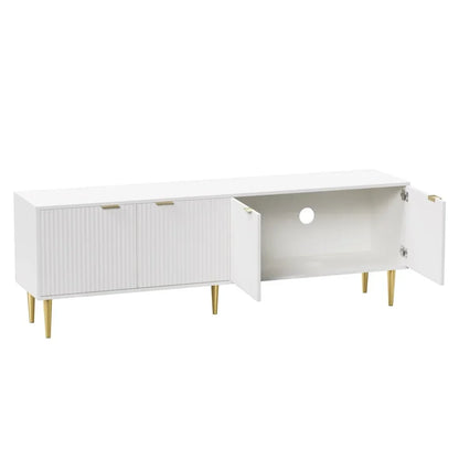 White modern TV cabinet with four doors, gold legs, and cable management hole